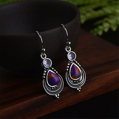 Purple Turquoise & Crystal Silvertone Teardrop Earrings