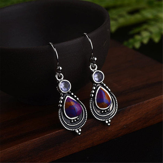 Purple Turquoise & Crystal Silvertone Teardrop Earrings