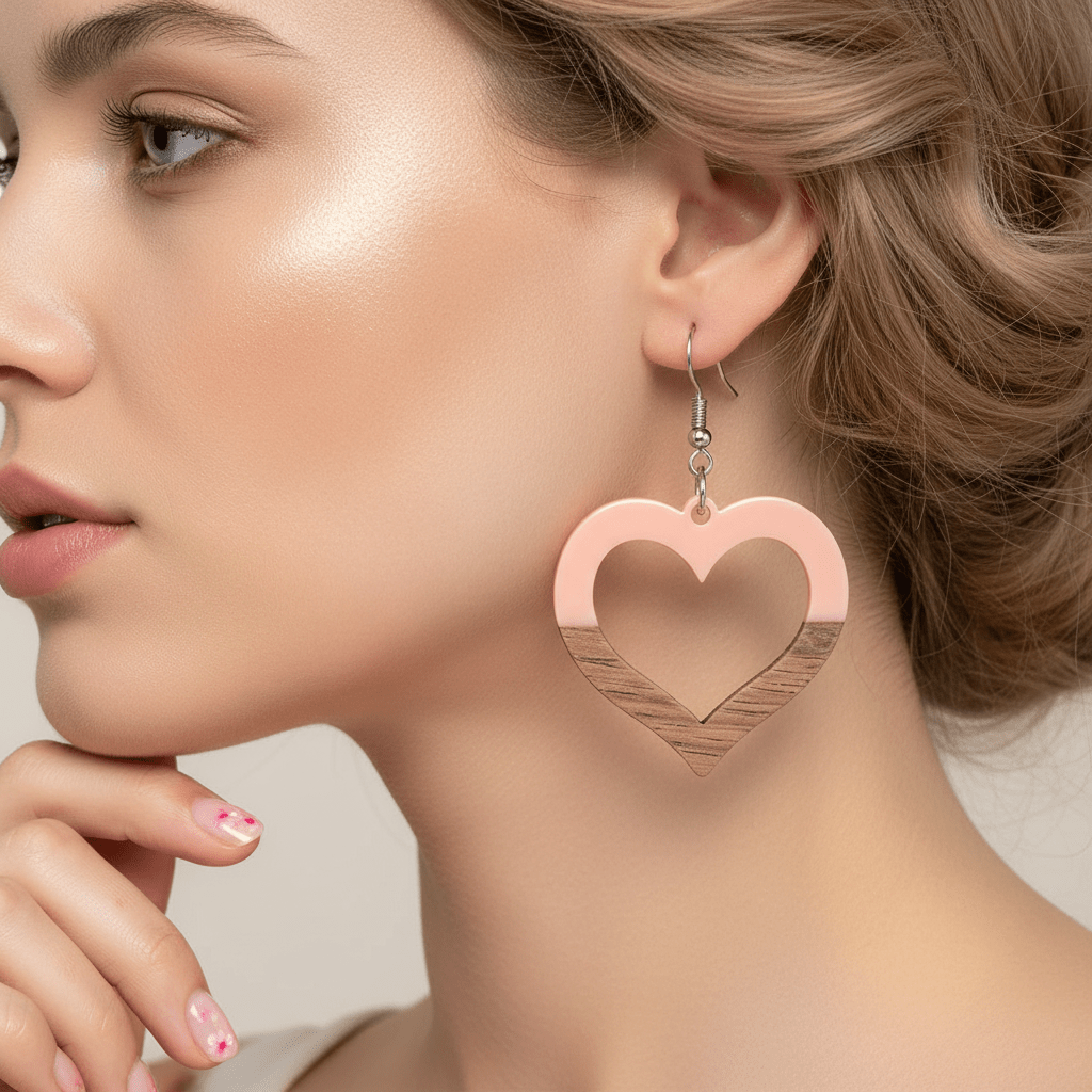 Pink Resin & Wood Silvertone Open Heart Hook Earrings
