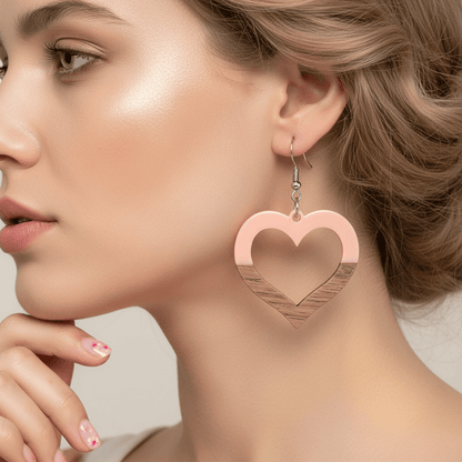 Pink Resin & Wood Silvertone Open Heart Hook Earrings