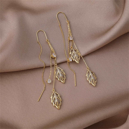 Cats Eye & Goldtone Double Leaf Ear Threader Earrings