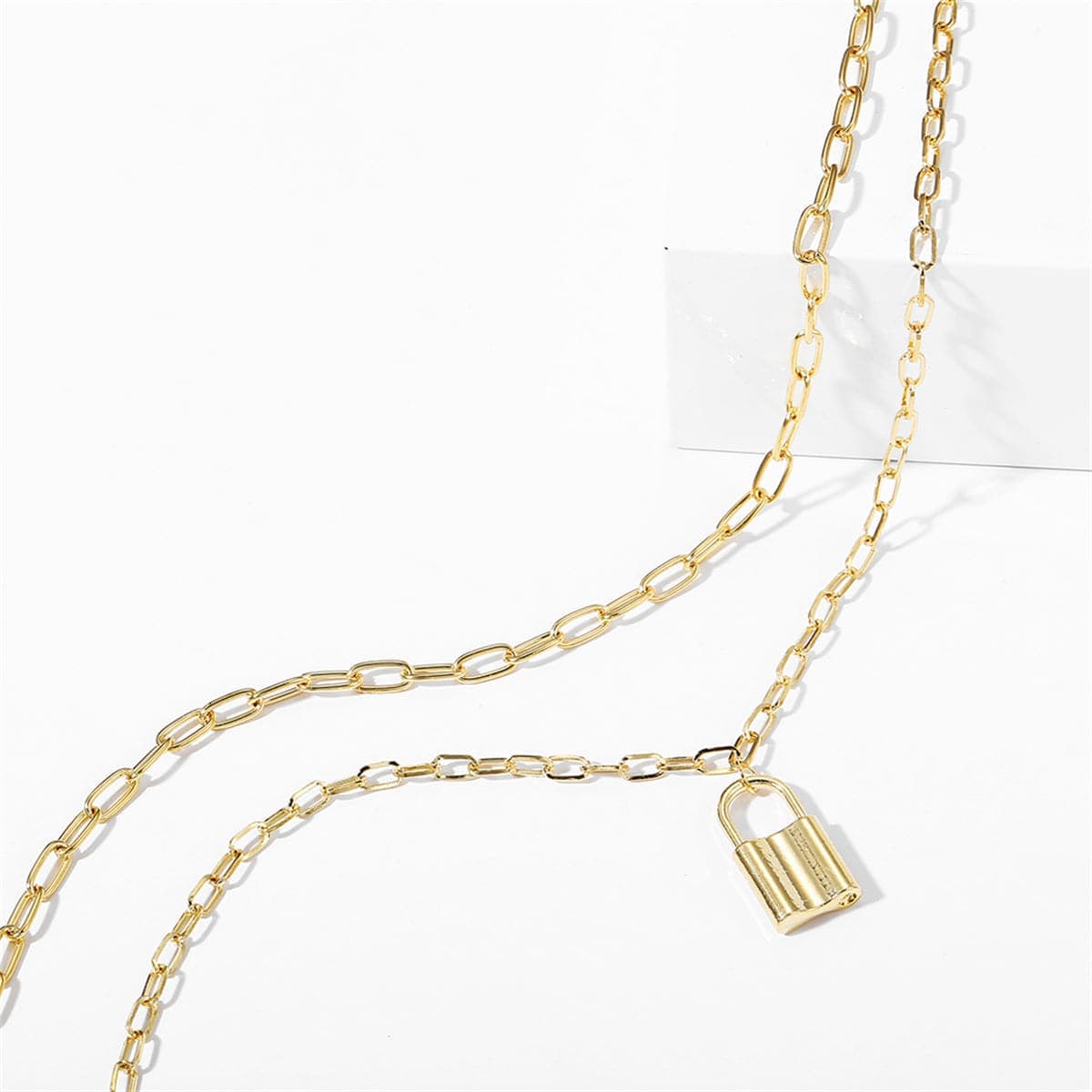 Goldtone Lock Layered Pendant Necklace-1