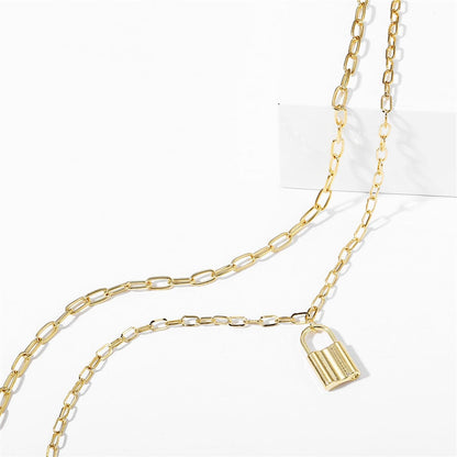 Goldtone Lock Layered Pendant Necklace-1