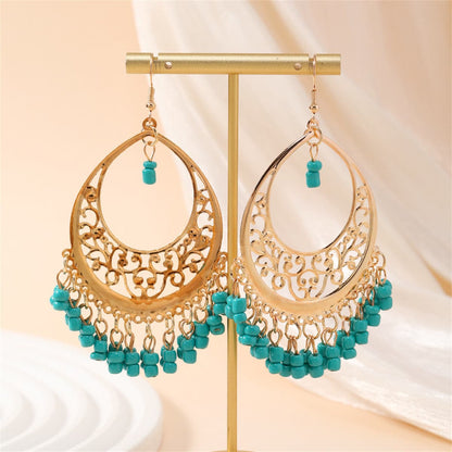 Green Turquoise & Goldtone Openwork Drop Earrings