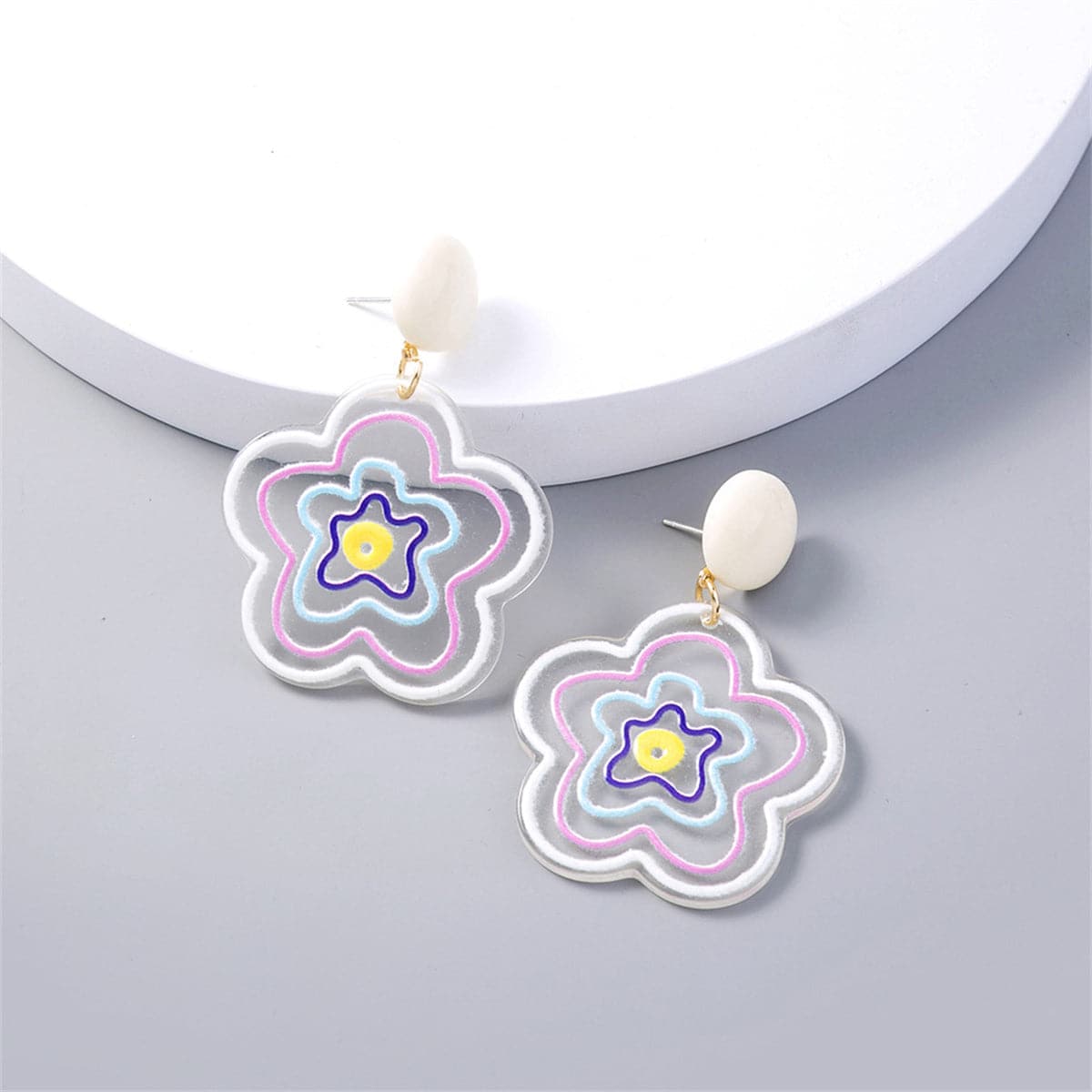 Pink Acrylic & Goldtone Floral Drop Earrings