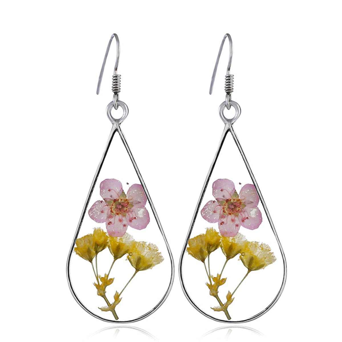 Pink & Yellow Pressed Peach Flower Silvertone Drop Earrings