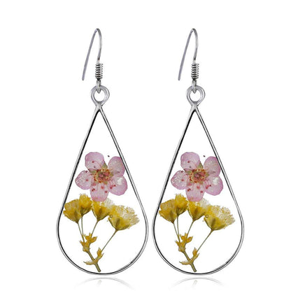 Pink & Yellow Pressed Peach Flower Silvertone Drop Earrings