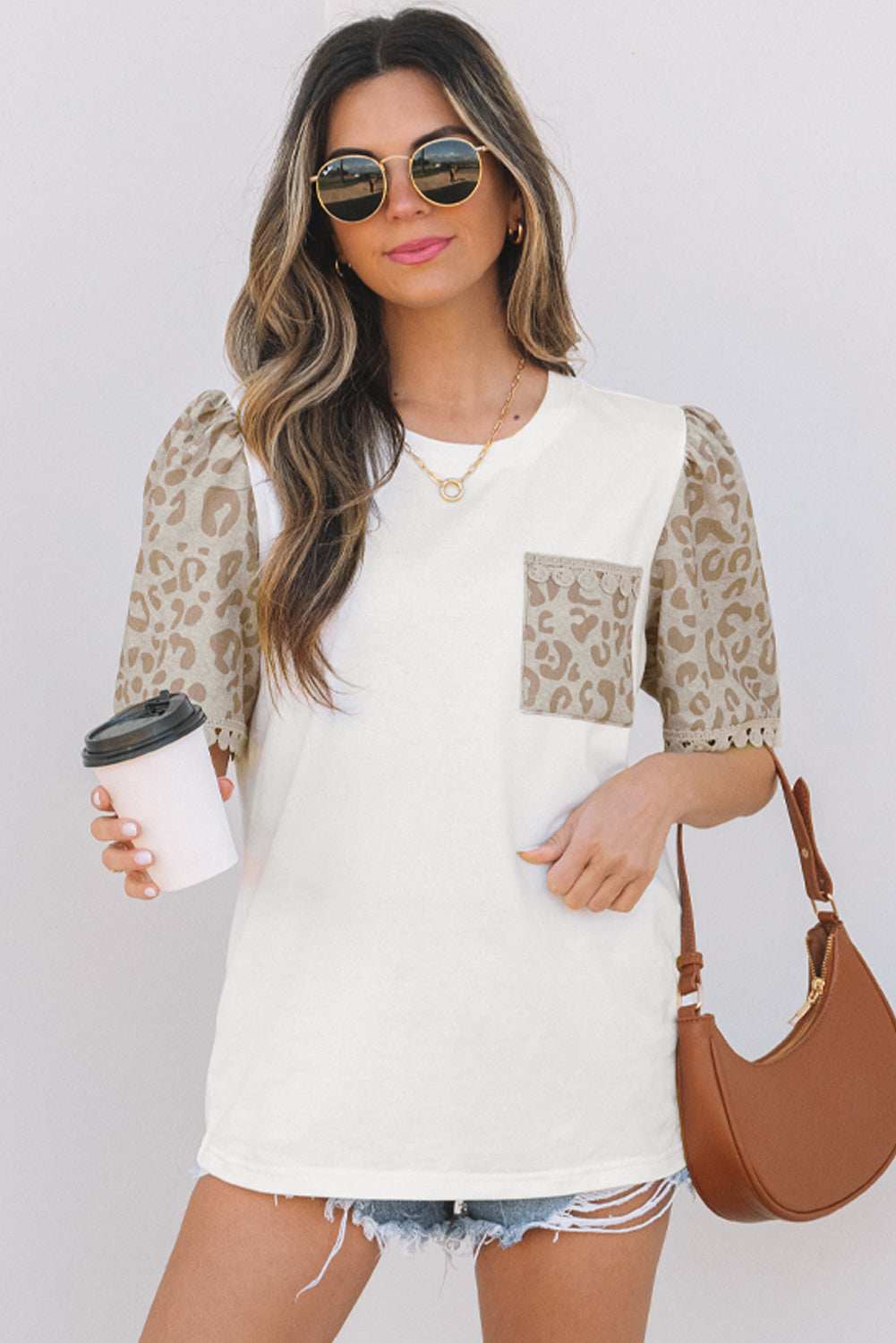 Threaded Pear Leona Leopard Lace Trim Puff Sleeve Top