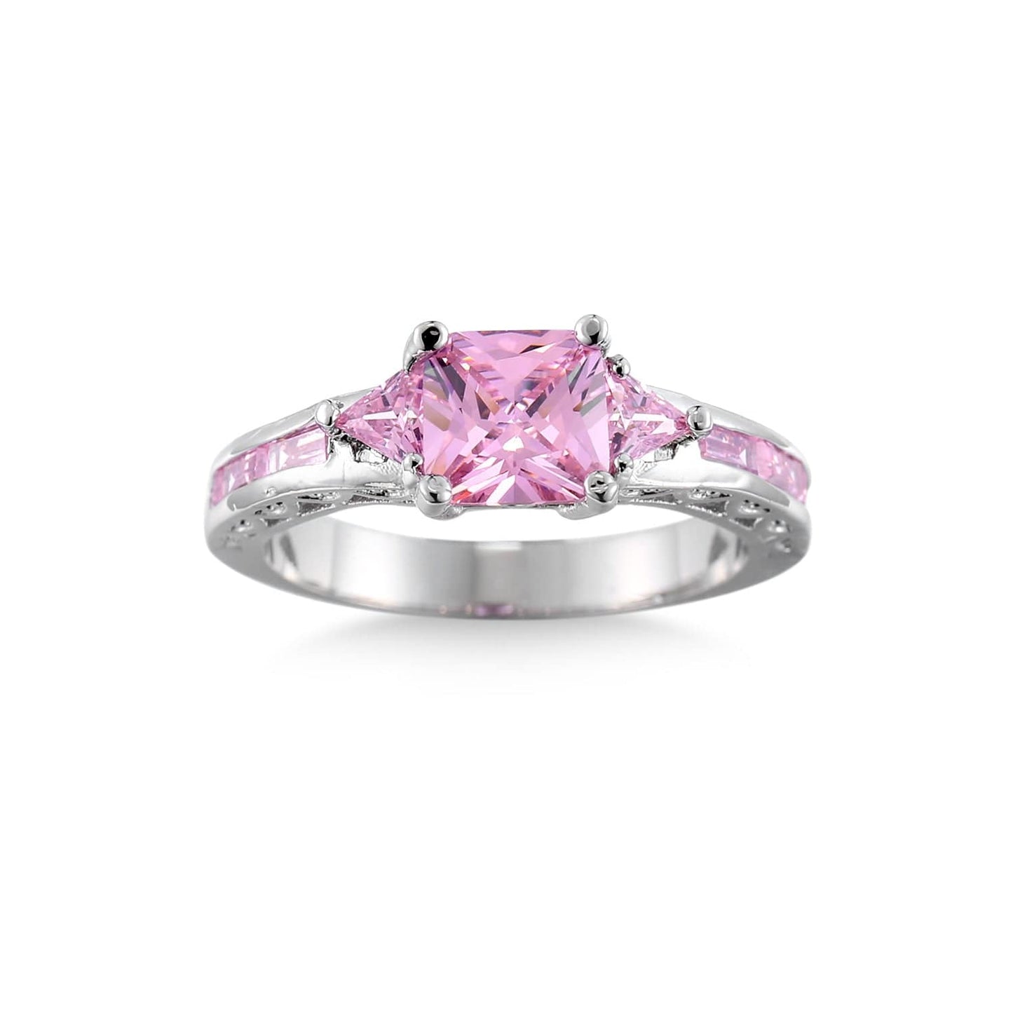 Pink Crystal & Silvertone Prong Illusion Ring-7