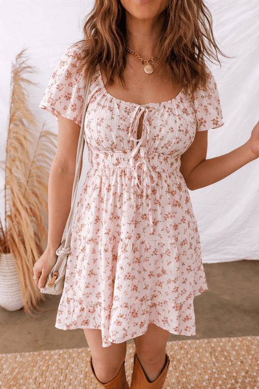 Amari Ruffled Floral Mini Dress - Pink / L - 12/14