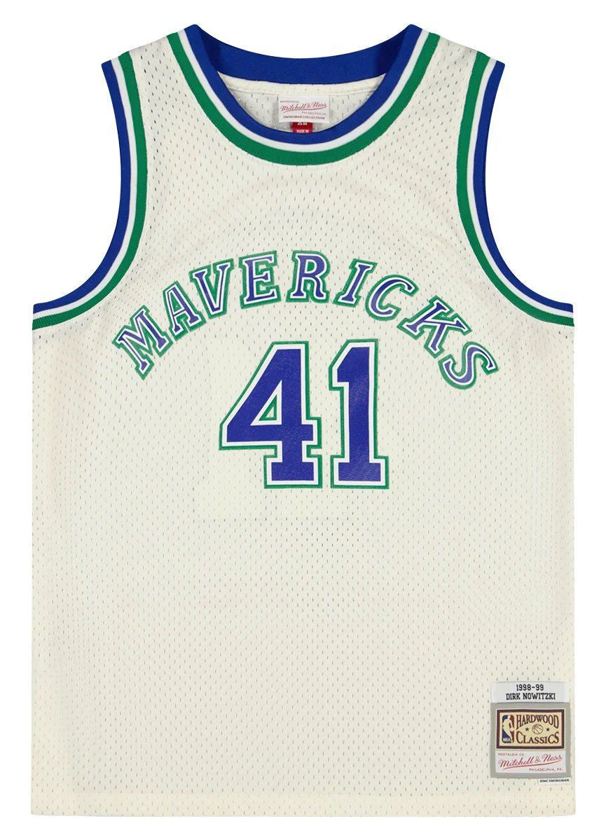 Men's Mitchell & Ness Cream Swingman Jersey Mavericks 1998 Dirk Nowitzki