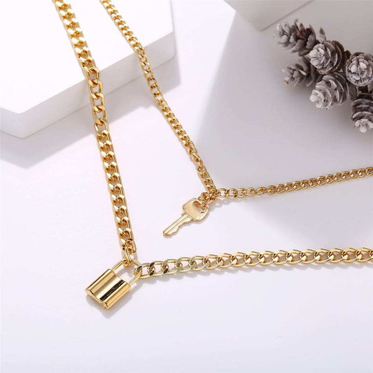 Goldtone Lock & Key Pendant Layer Necklace