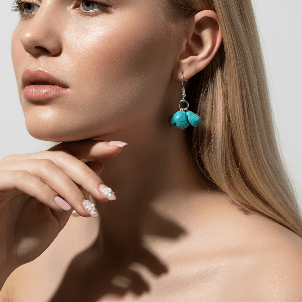 Turqouise & Silvertone Cube Cluster Hook Earrings
