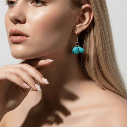 Turqouise & Silvertone Cube Cluster Hook Earrings