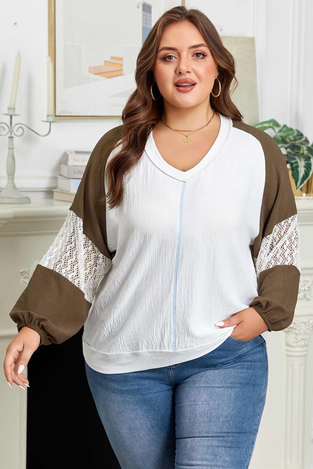 Julietta Patchwork Balloon Sleeve PLUS Blouse - Green / 1X - 14W-16W