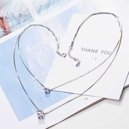 Purple Cubic Zirconia & Silvertone Double Layer Cube Pendant Necklace
