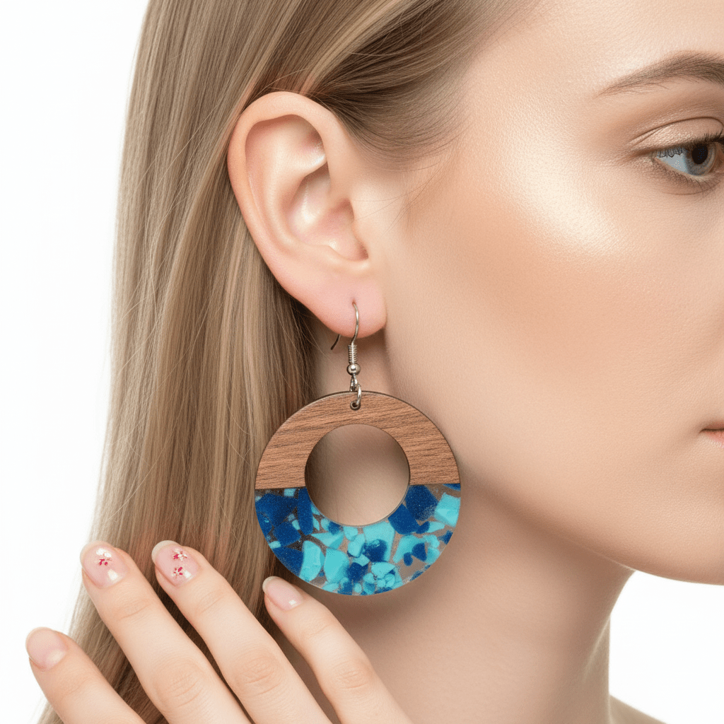 Navy Resin & Wood Silvertone Leopard Print Circular Hook Earrings