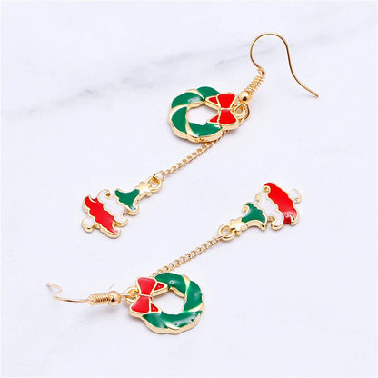 Red Enamel & Goldtone Wreath Christmas Tree Drop Earrings