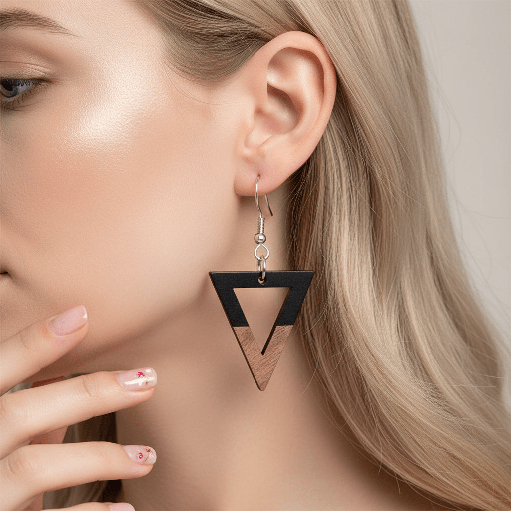 Black Resin & Wood Silvertone Open Triangle Hook Earrings