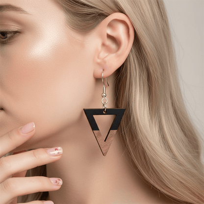 Black Resin & Wood Silvertone Open Triangle Hook Earrings