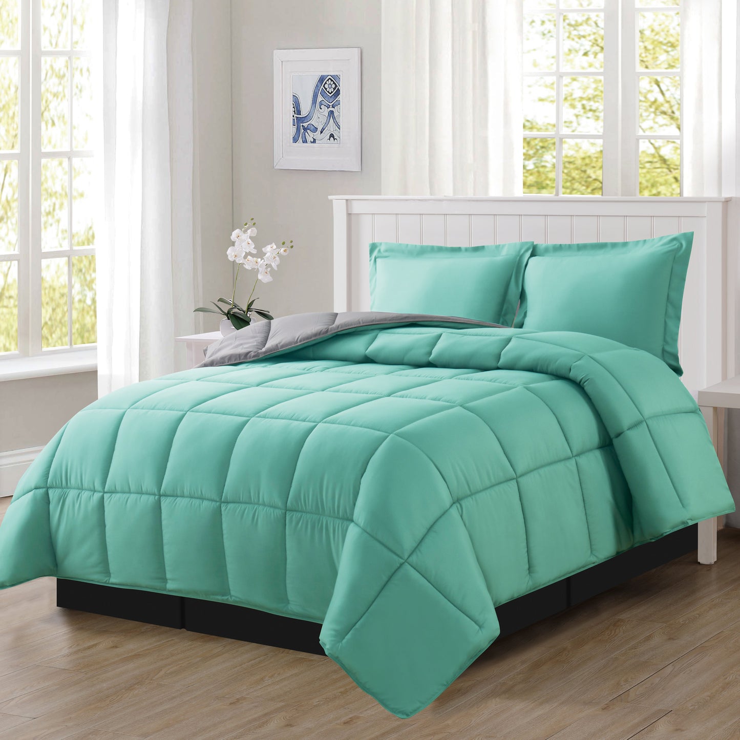 Elegant Comfort Reversible 3-Piece Box Stitched Comforter & Shams - Duvet Insert with 4 Corner Tabs