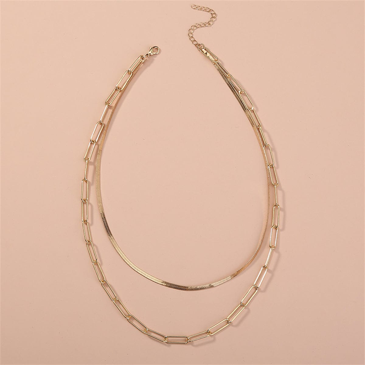 Goldtone Snake Chain & Open Rectangle Chain Layered Necklace