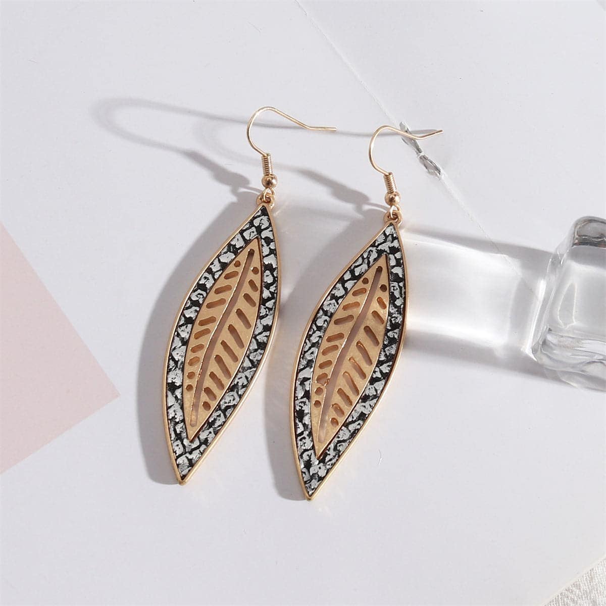 White Polyurethane & Goldtone Snakeskin-Embossed Leaf Drop Earrings