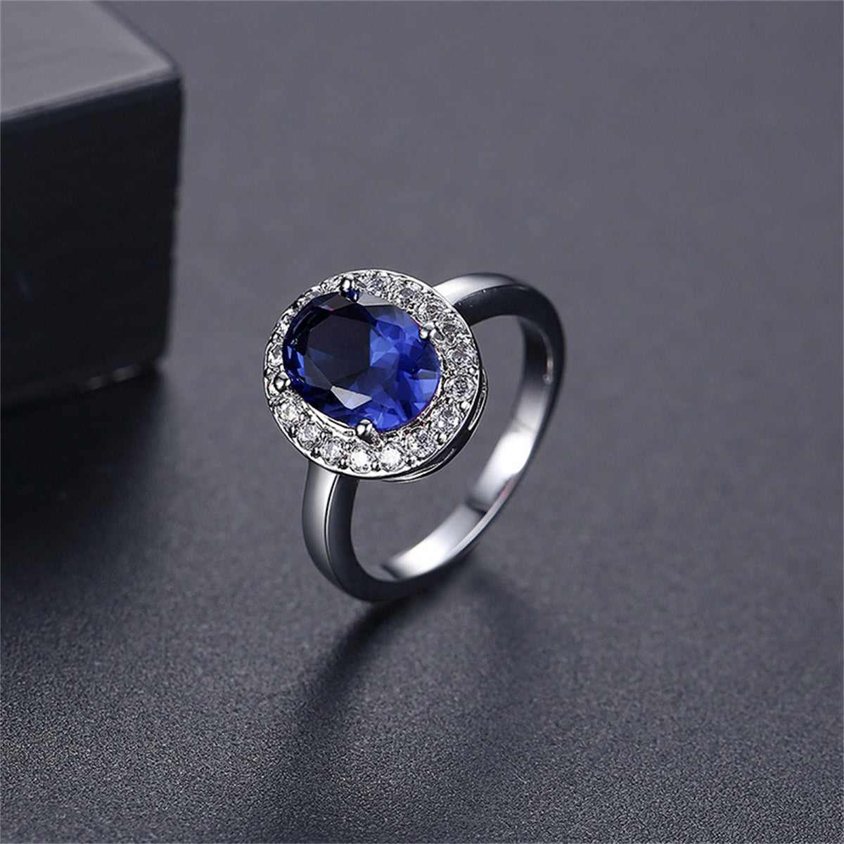 Blue Crystal & Cubic Zirconia Silvertone Halo Oval Ring
