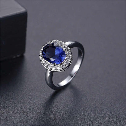 Blue Crystal & Cubic Zirconia Silvertone Halo Oval Ring