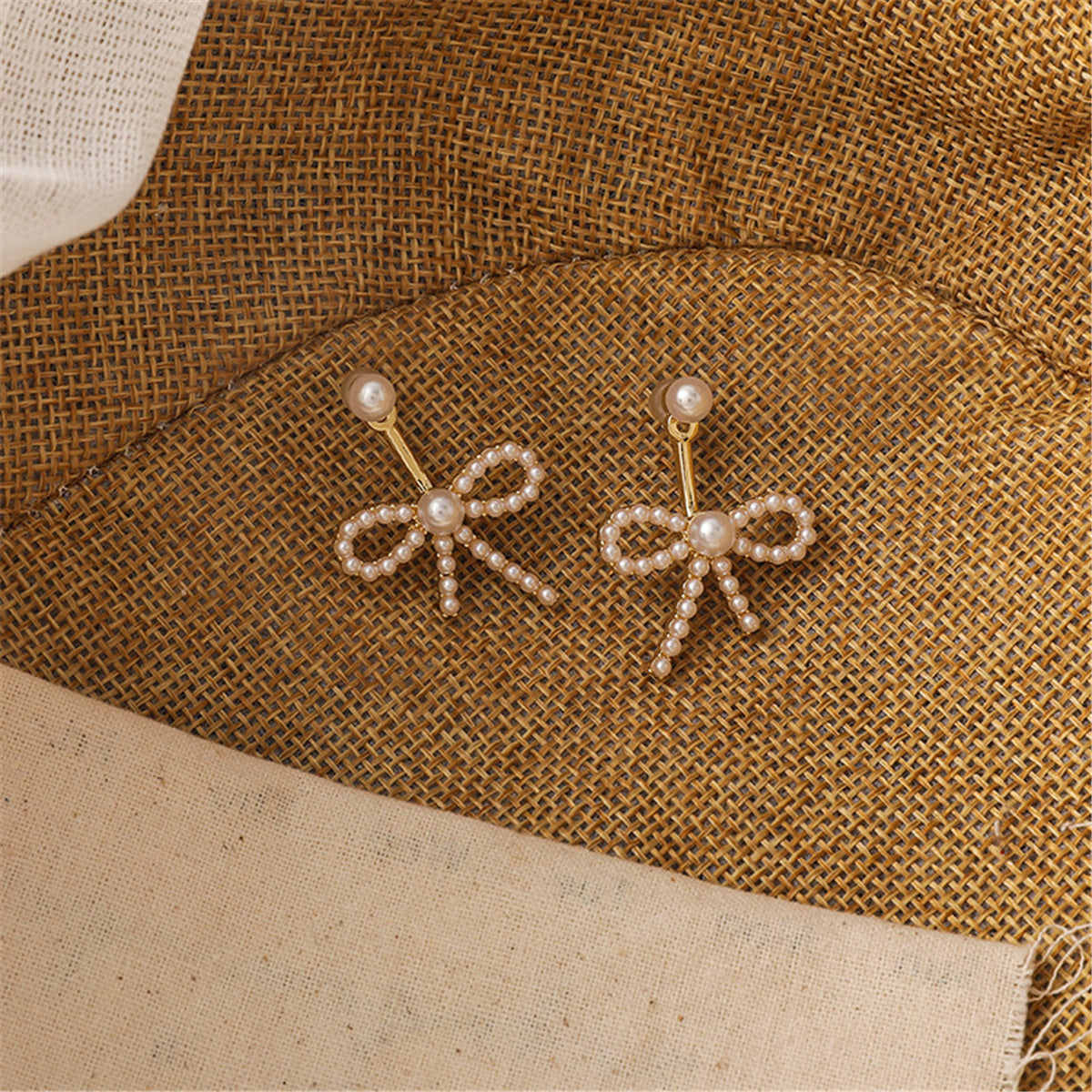 Pearl & Goldtone Bow Ear Jackets