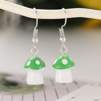 Green Resin & Silvertone Dot Mushroom Drop Earrings