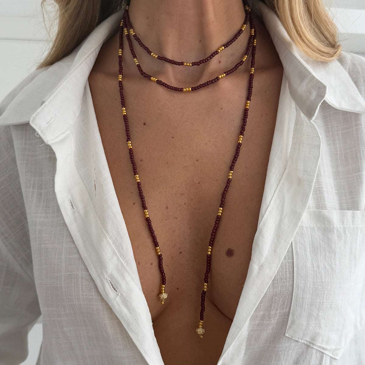 Wine Red Howlite & Goldtone Beaded Chain Necklace