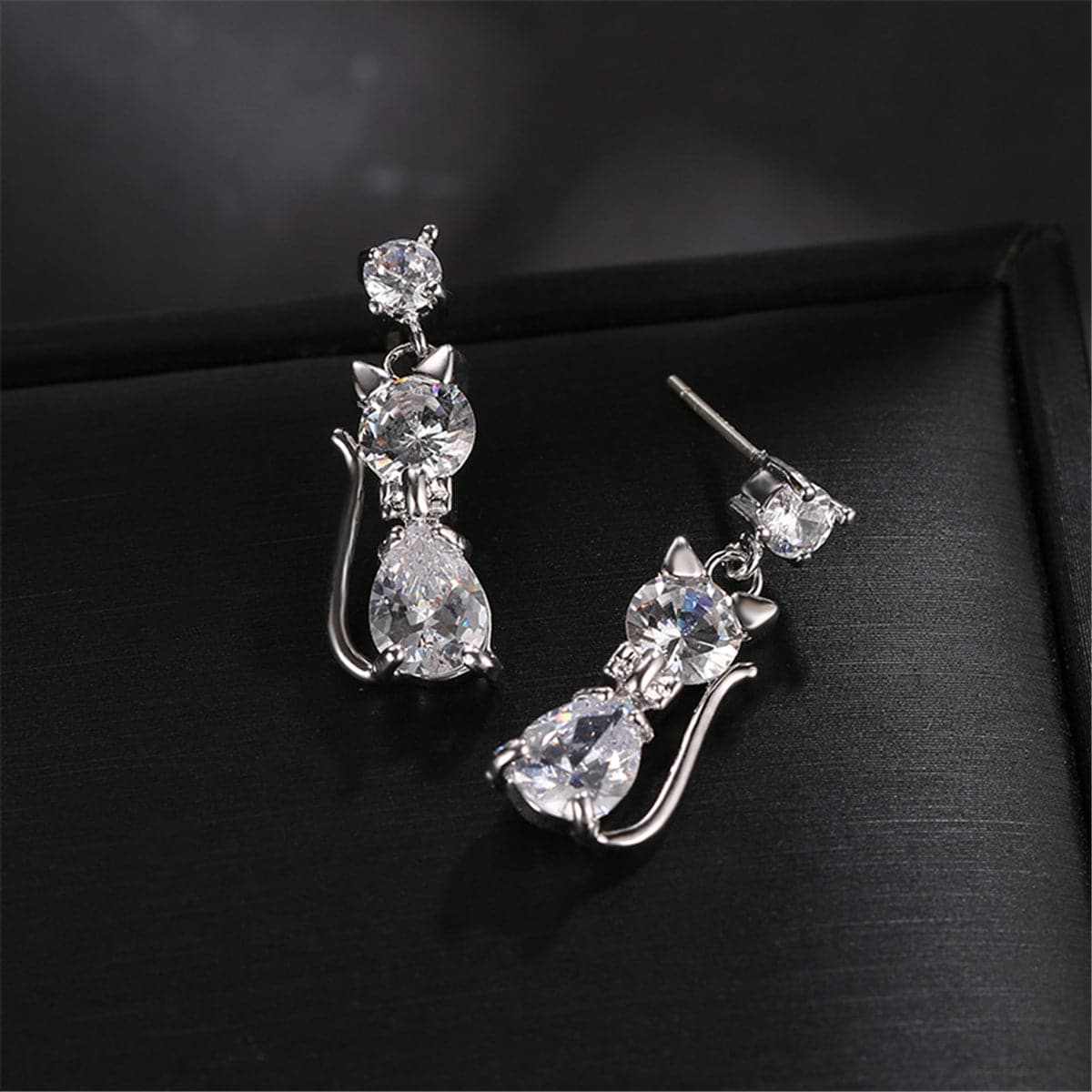 Crystal & Silvertone Kitty Drop Earrings