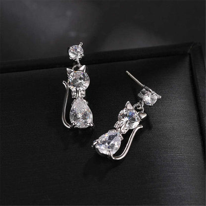 Crystal & Silvertone Kitty Drop Earrings