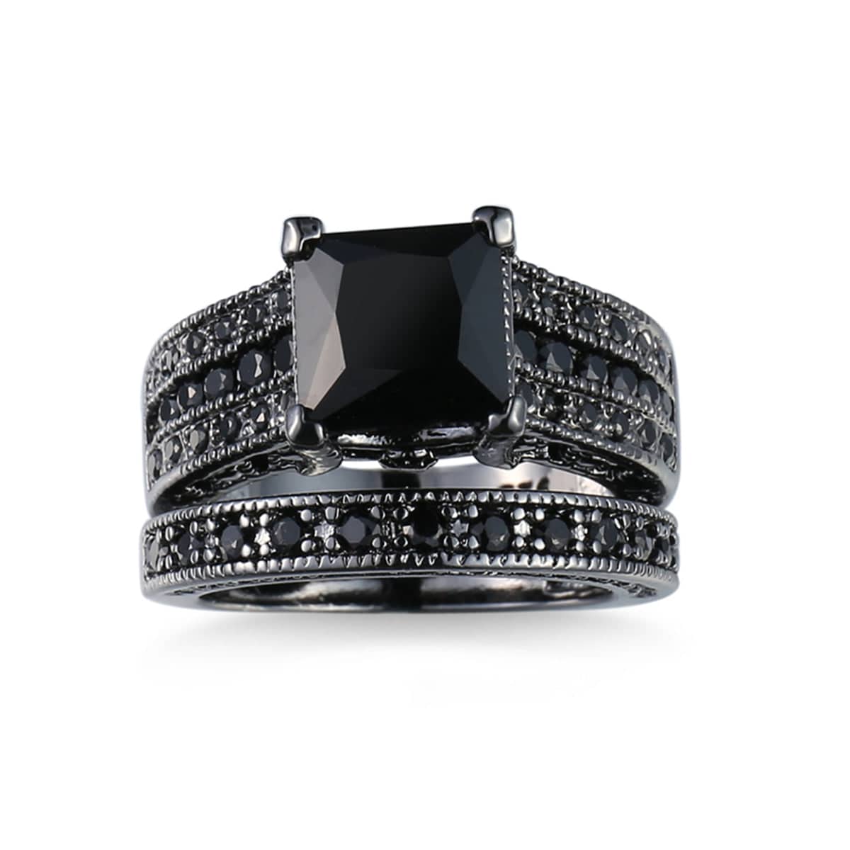 Black Crystal & Cubic Zirconia Band Ring Set-1