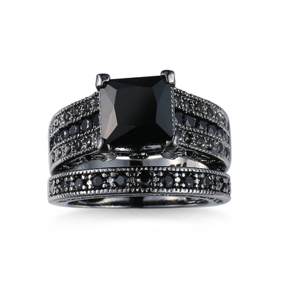 Black Crystal & Cubic Zirconia Band Ring Set-1