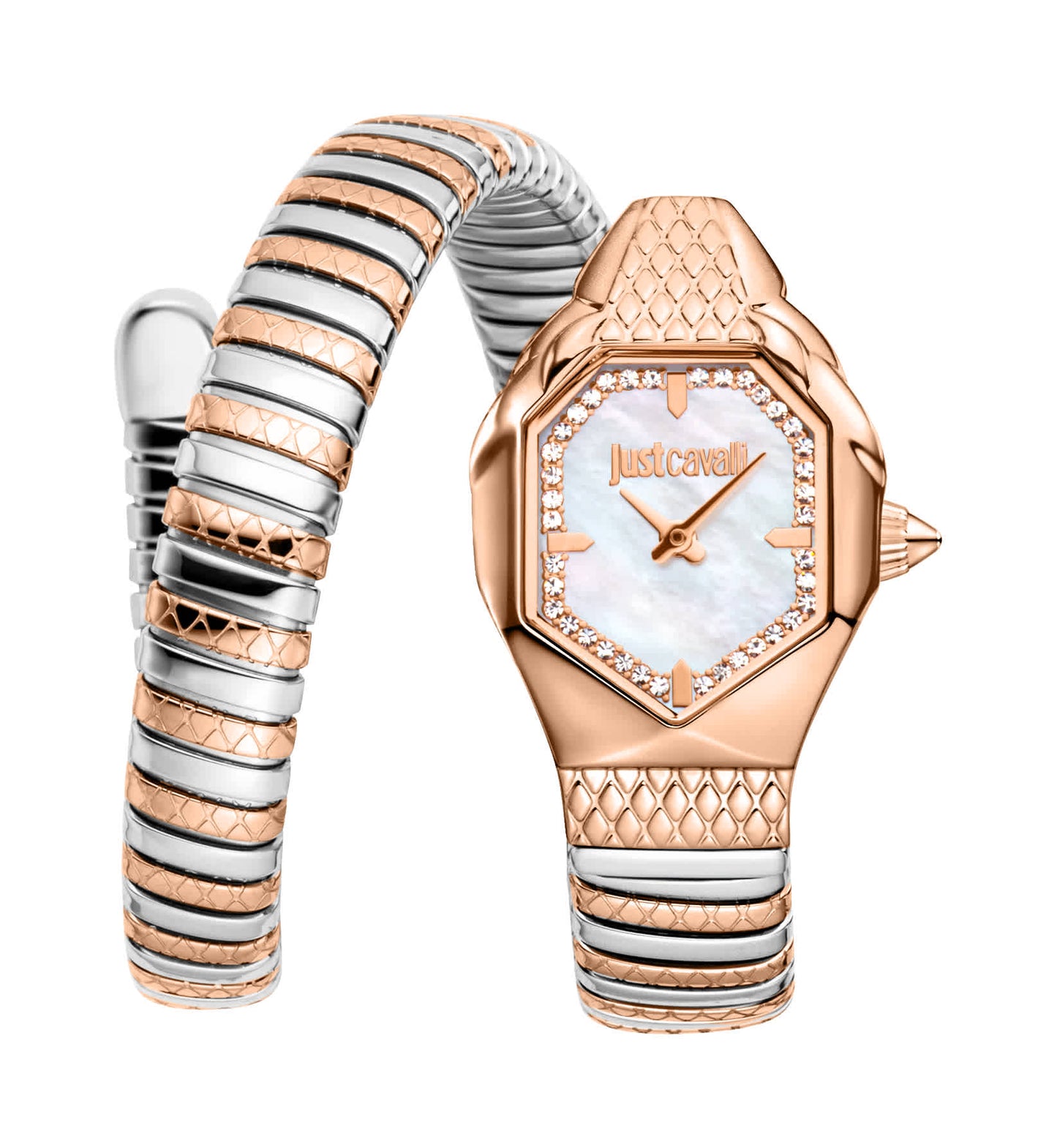 Just CAVALLI Women Watch, Two Tone Silver & Rose Gold Color Case, White MOP Dial, Two Tone Silver & Rose Gold Color Metal Bracelet, 2 Hands, 3 Atm