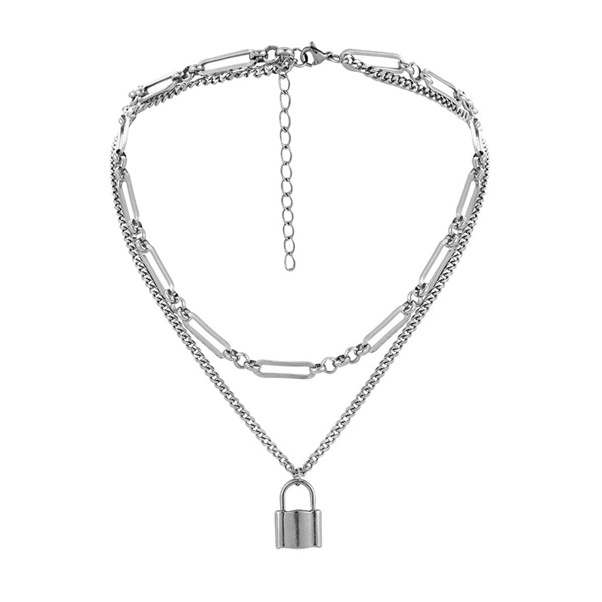 Silvertone Lock Layered Pendant Necklace