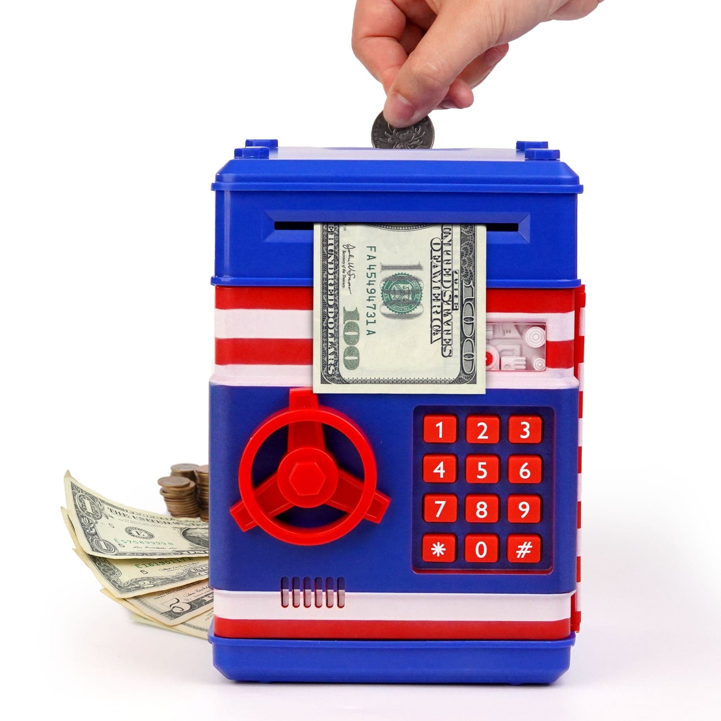 Blue and red piggy bank-