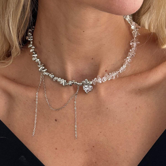 Clear Acrylic & Crystal Silvertone Heart Tassel Patchwork Collar Necklace