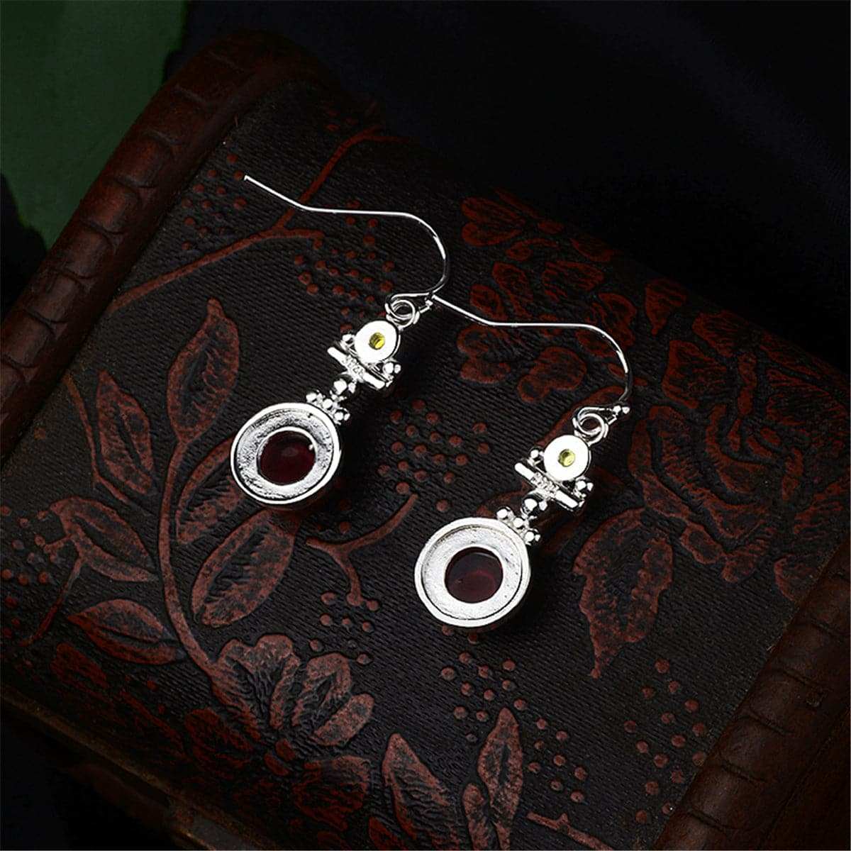 Red Moonstone & Silvertone Round Drop Earrings