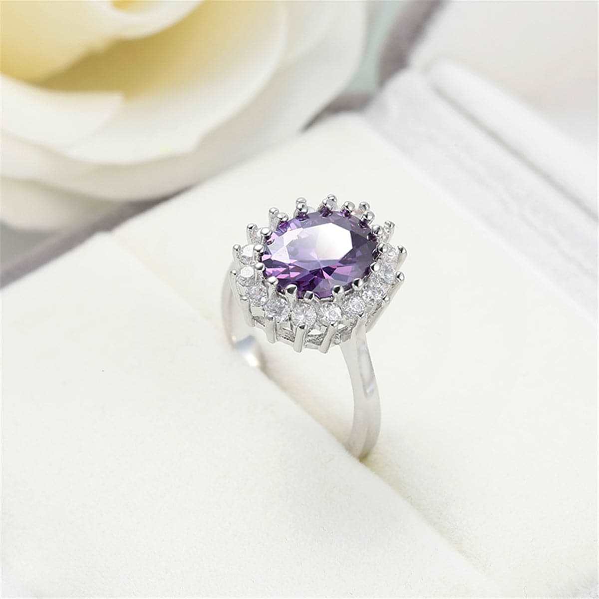 Purple Crystal & Silvertone Flower Ring-6