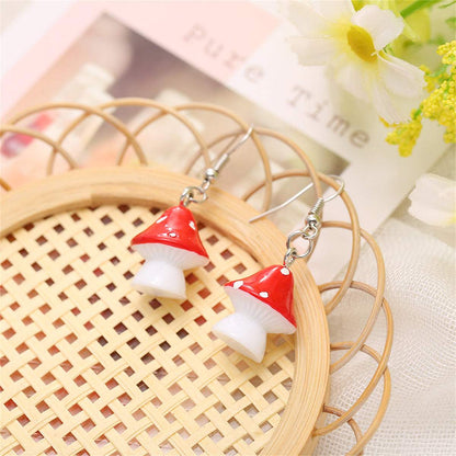 Red Resin & Silvertone Dot Mushroom Drop Earrings