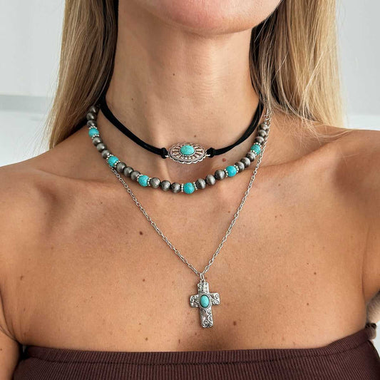Black Polyster & Turqouise Resin Silvertone Beads Chain Cross Pendant Necklace Set