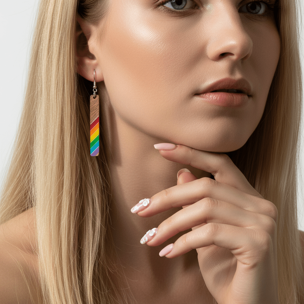 Rainbow Resin & Wood Silvertone Stripped Bar Hook Earrings
