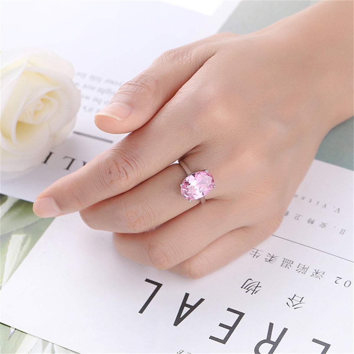 Pink Crystal & Silvertone Oval-Cut Ring-1