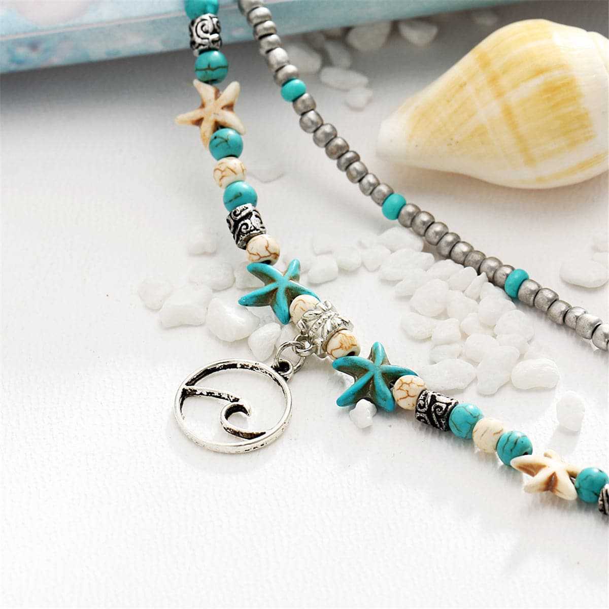 Turquoise & Silvertone Beaded Wave Layered Anklet