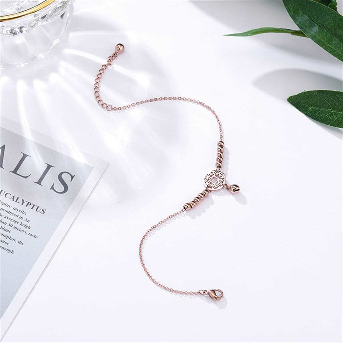 Rose Goldtone Coin Charm Bead Anklet