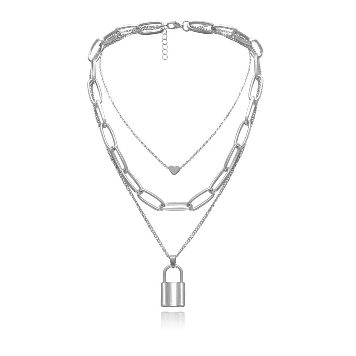 Silvertone Heart & Lock Layered Pendant Necklace-1