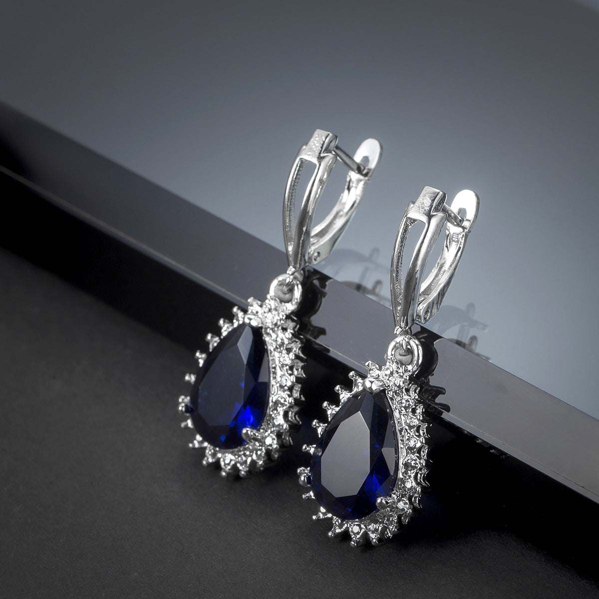 Navy Crystal & Silvertone Pear Drop Earrings